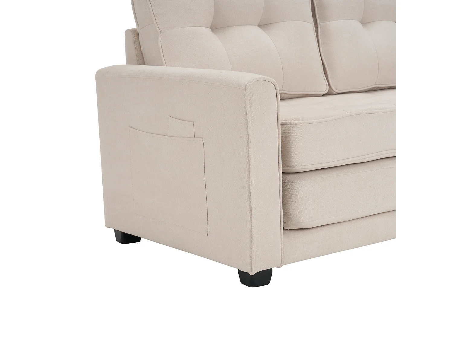 Moderne 2-zits slaapbank met zijzakken, beige linnen, gestoffeerde omvormbare zitting