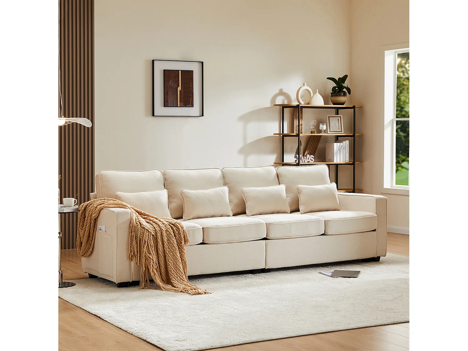 Moderne 4-zits beige linnen bank met zijzakken en 4 kussens – voor woonkamer, kantoor of appartement