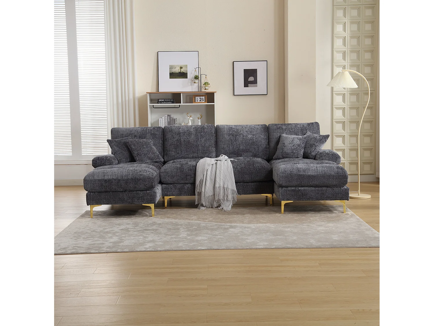 Graues Chenille-U-Sofa, gepolstert mit Kissen und 2 Dekokissen, für Wohn- und Schlafzimmer