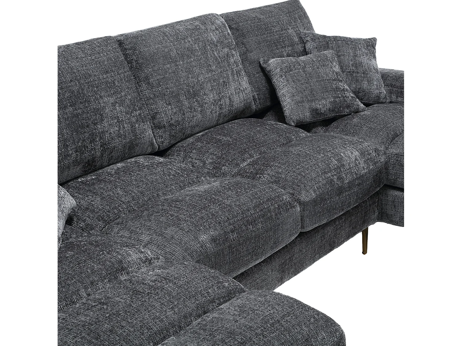 Graues Chenille-U-Sofa, gepolstert mit Kissen und 2 Dekokissen, für Wohn- und Schlafzimmer