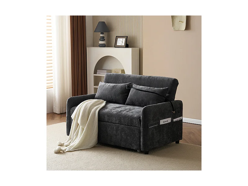 Graues 2-Sitzer-Klappsofa aus Chenille mit USB-Anschluss und Handyhalterung – für Wohn- und Schlafzimmer