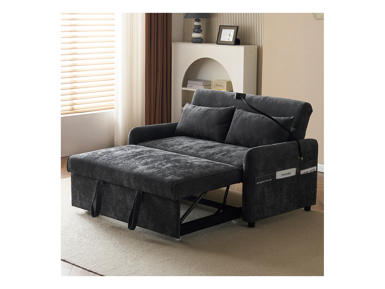 Canapé pliant 2 places, chenille gris, avec port USB et support de téléphone - pour salon et chambre