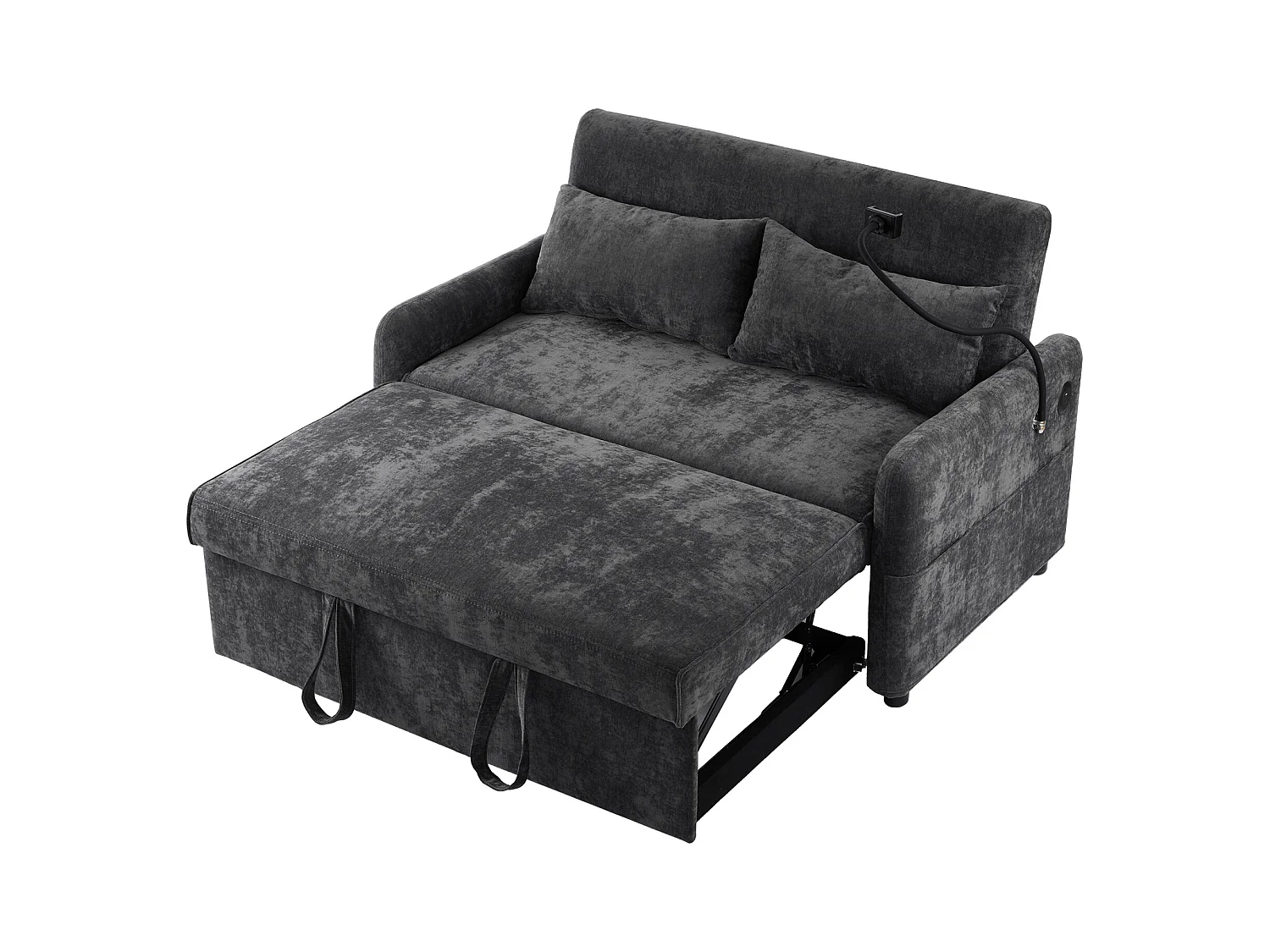 Canapé pliant 2 places, chenille gris, avec port USB et support de téléphone - pour salon et chambre