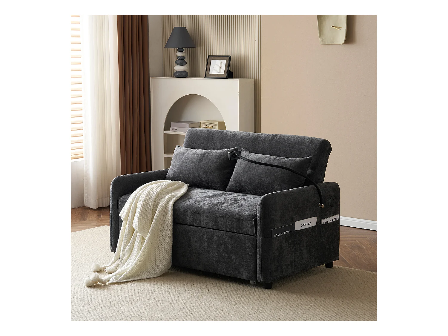 Canapé pliant 2 places, chenille gris, avec port USB et support de téléphone - pour salon et chambre