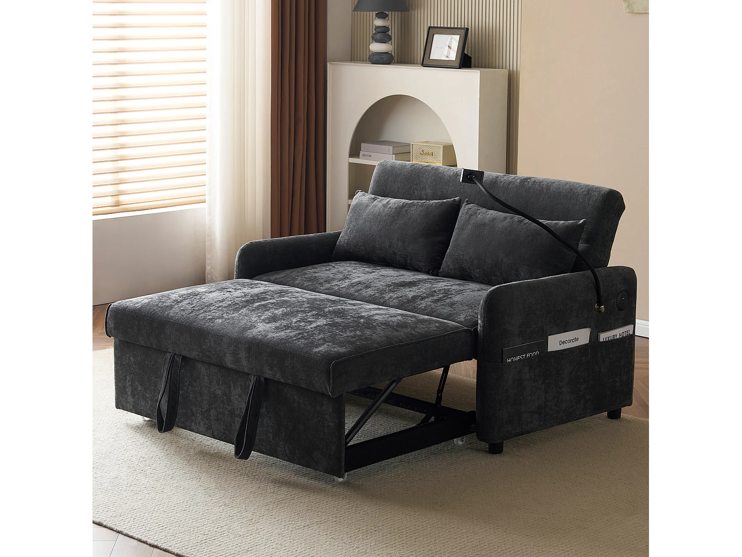 Grijze chenille 2-zits opklapbare bank met USB-aansluiting en telefoonhouder - voor woonkamer en slaapkamer