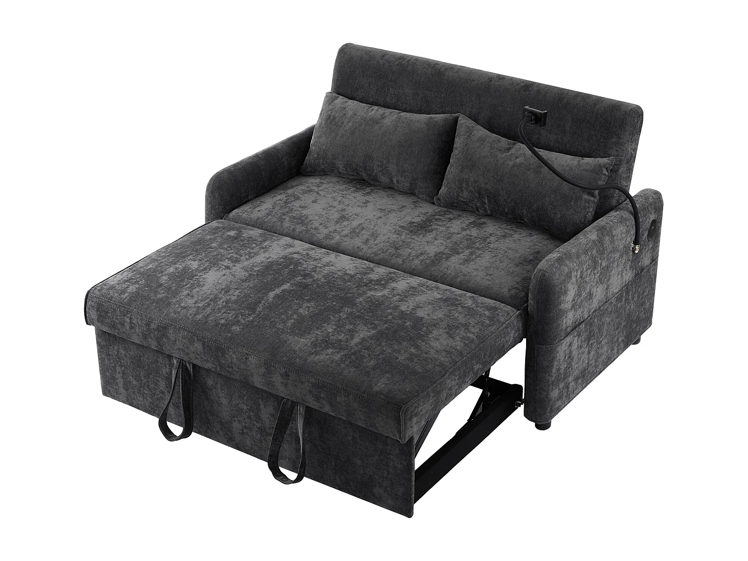 Grijze chenille 2-zits opklapbare bank met USB-aansluiting en telefoonhouder - voor woonkamer en slaapkamer