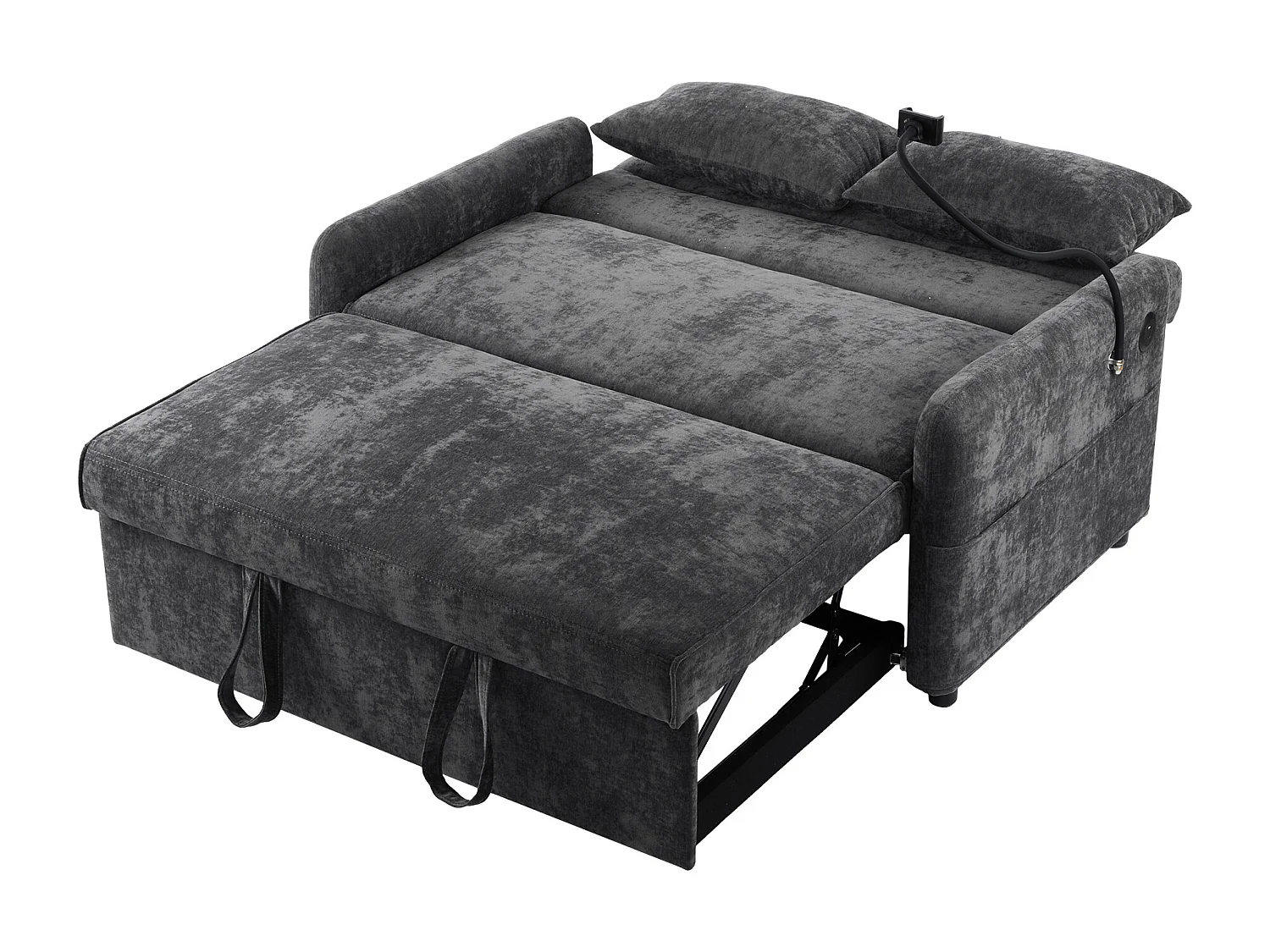 Grijze chenille 2-zits opklapbare bank met USB-aansluiting en telefoonhouder - voor woonkamer en slaapkamer