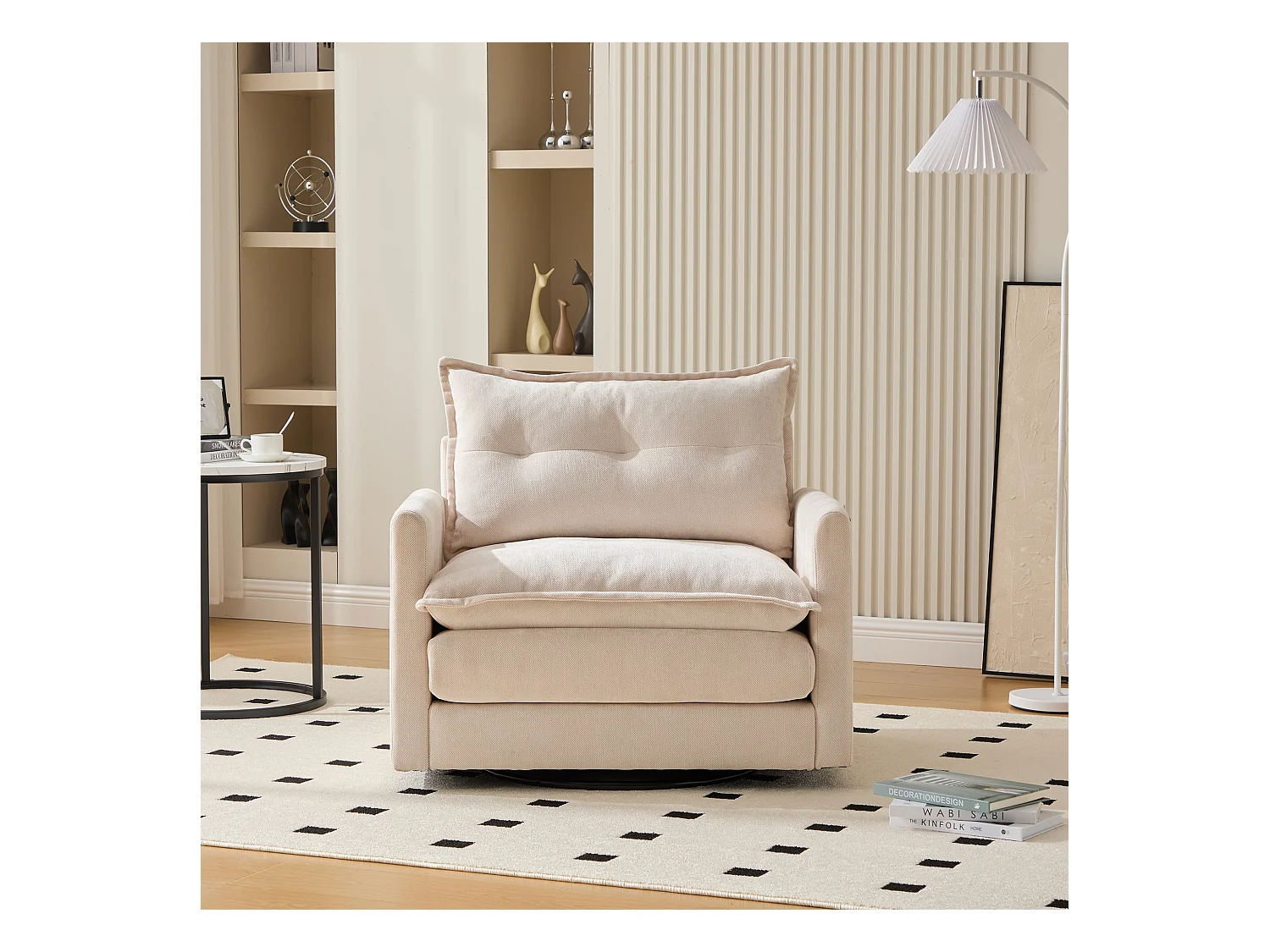 Canapé simple, chenille beige, Canapé pivotant avec accoudoirs et coussins, pour salon et chambre