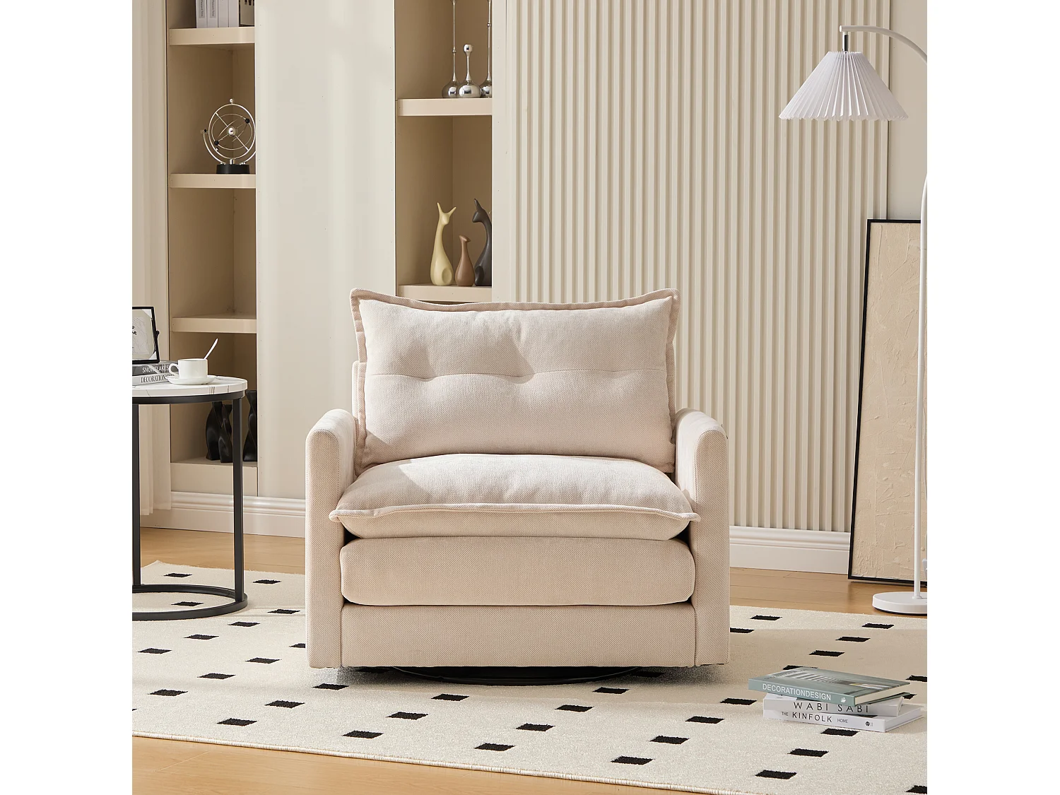 Einzelsofa, beigefarbenes Chenille, Drehsofa mit Armlehnen und Kissen, geeignet für Wohn- und Schlafzimmer