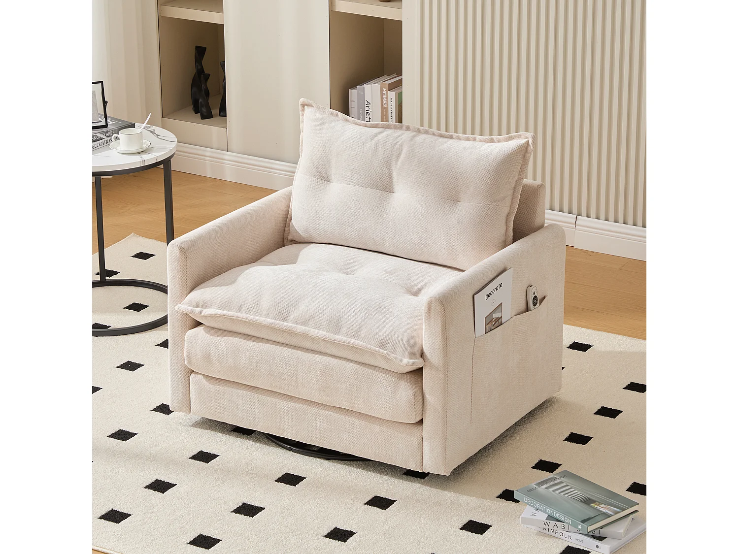 Einzelsofa, beigefarbenes Chenille, Drehsofa mit Armlehnen und Kissen, geeignet für Wohn- und Schlafzimmer