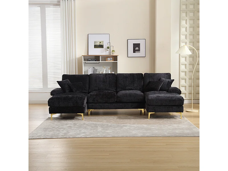 U-vormige bank, zwarte chenille, gestoffeerde bank met kussens en 2 sierkussens, geschikt voor woonkamer en slaapkamer