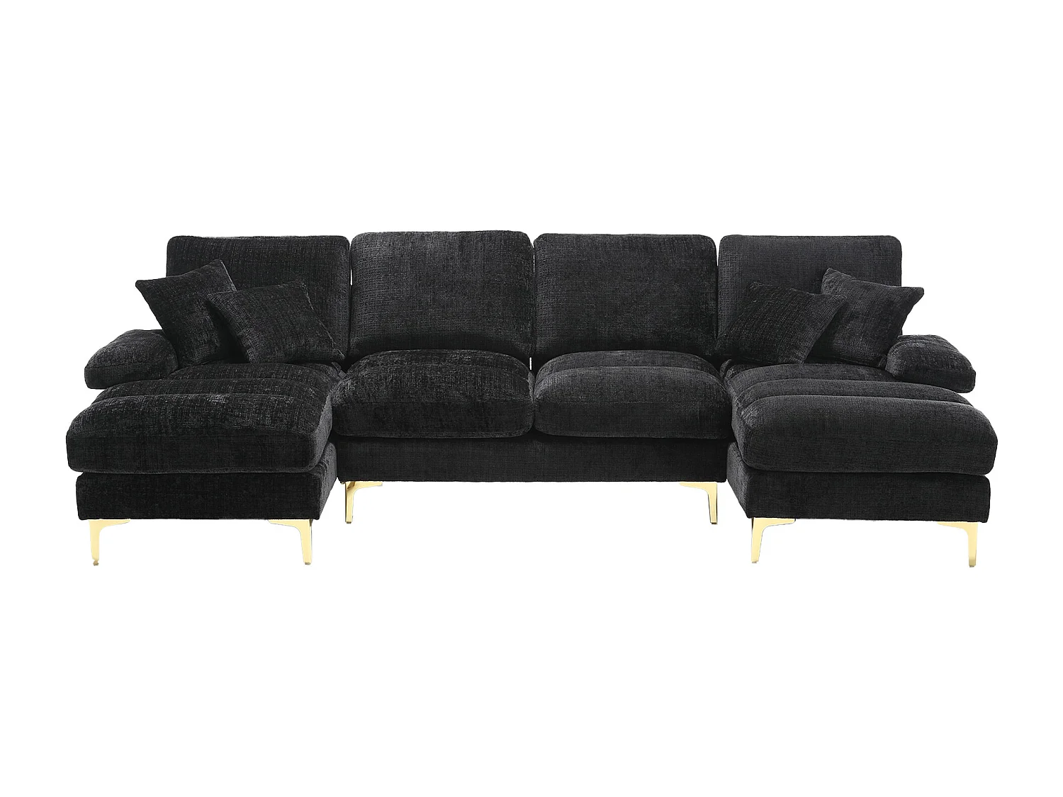 U-vormige bank, zwarte chenille, gestoffeerde bank met kussens en 2 sierkussens, geschikt voor woonkamer en slaapkamer