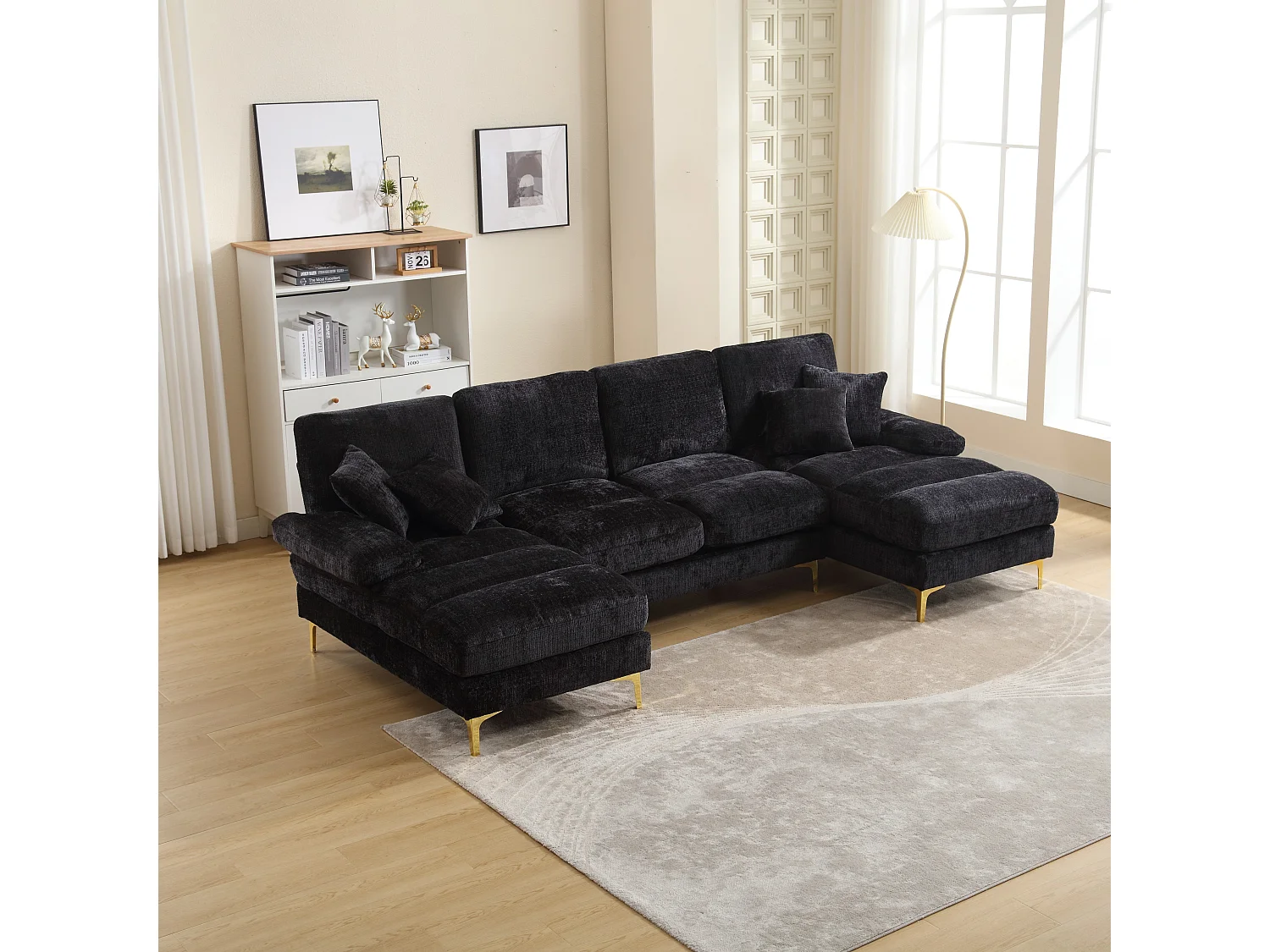 Canapé 4 places, chenille noir, Canapé rembourré avec coussins et 2 coussins décoratifs, pour salon et chambre