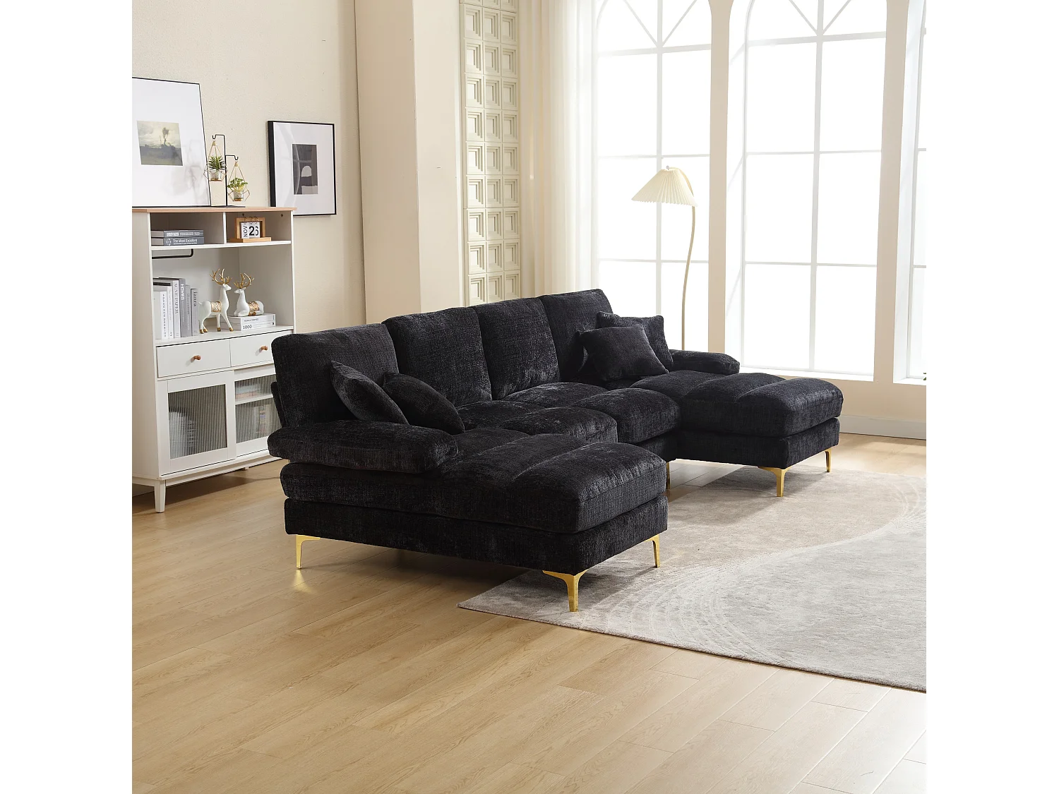 Canapé 4 places, chenille noir, Canapé rembourré avec coussins et 2 coussins décoratifs, pour salon et chambre