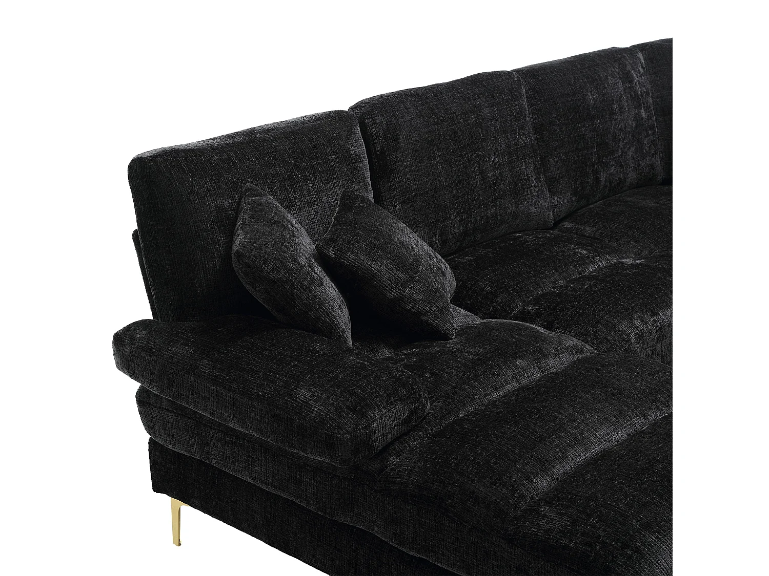 Canapé 4 places, chenille noir, Canapé rembourré avec coussins et 2 coussins décoratifs, pour salon et chambre