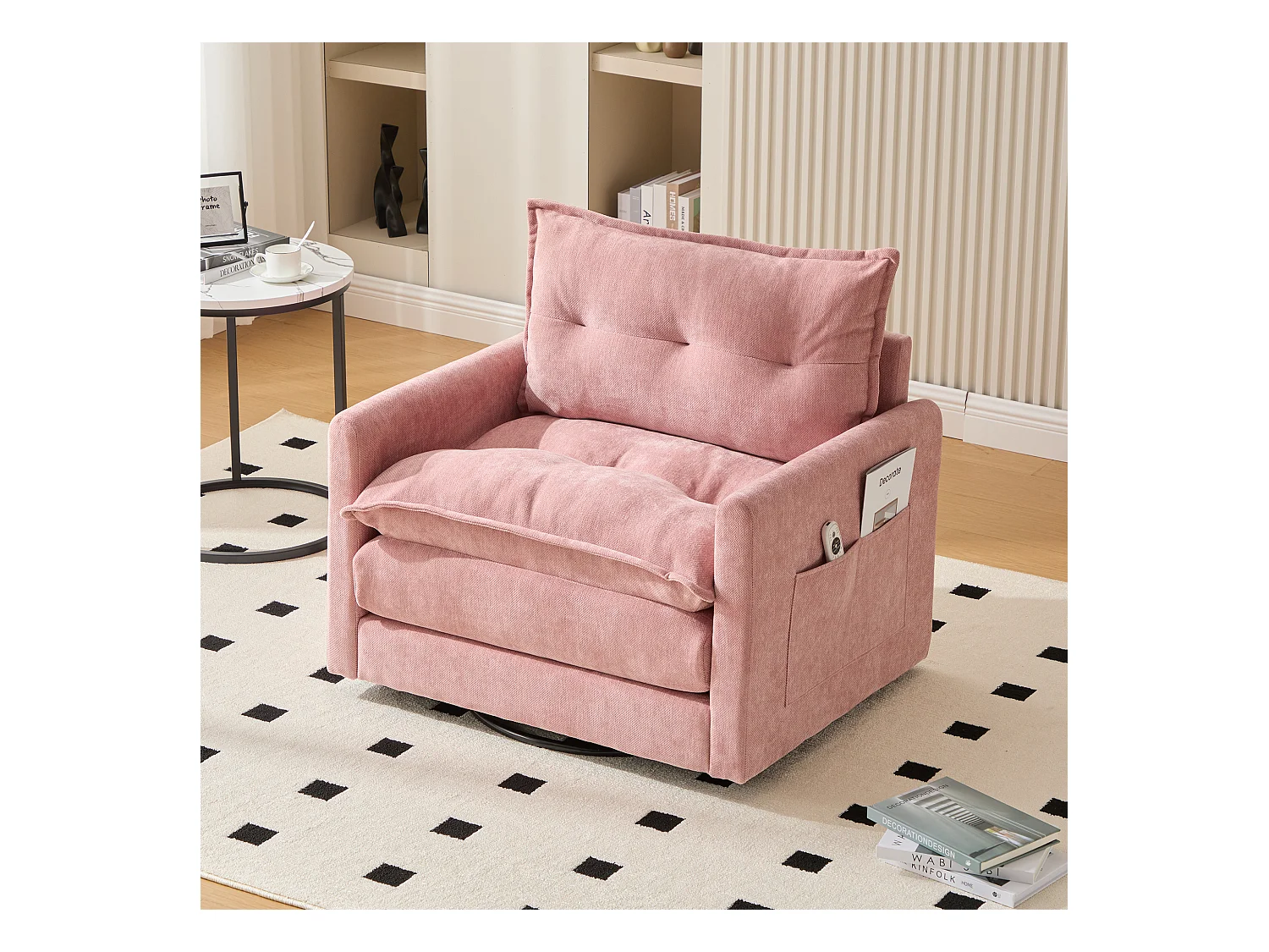 Canapé simple, chenille rose, Canapé pivotant avec accoudoirs et coussins, pour salon et chambre