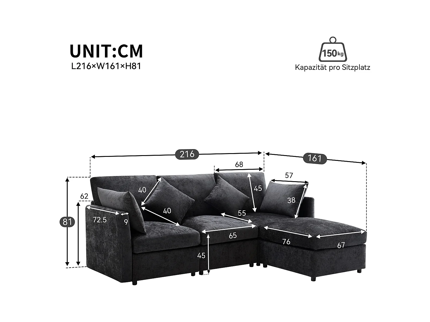 Tapicerowany narożnik – ciemnoszara tkanina szenilowa, drewniana rama, z wyjmowanym podnóżkiem, do salonu