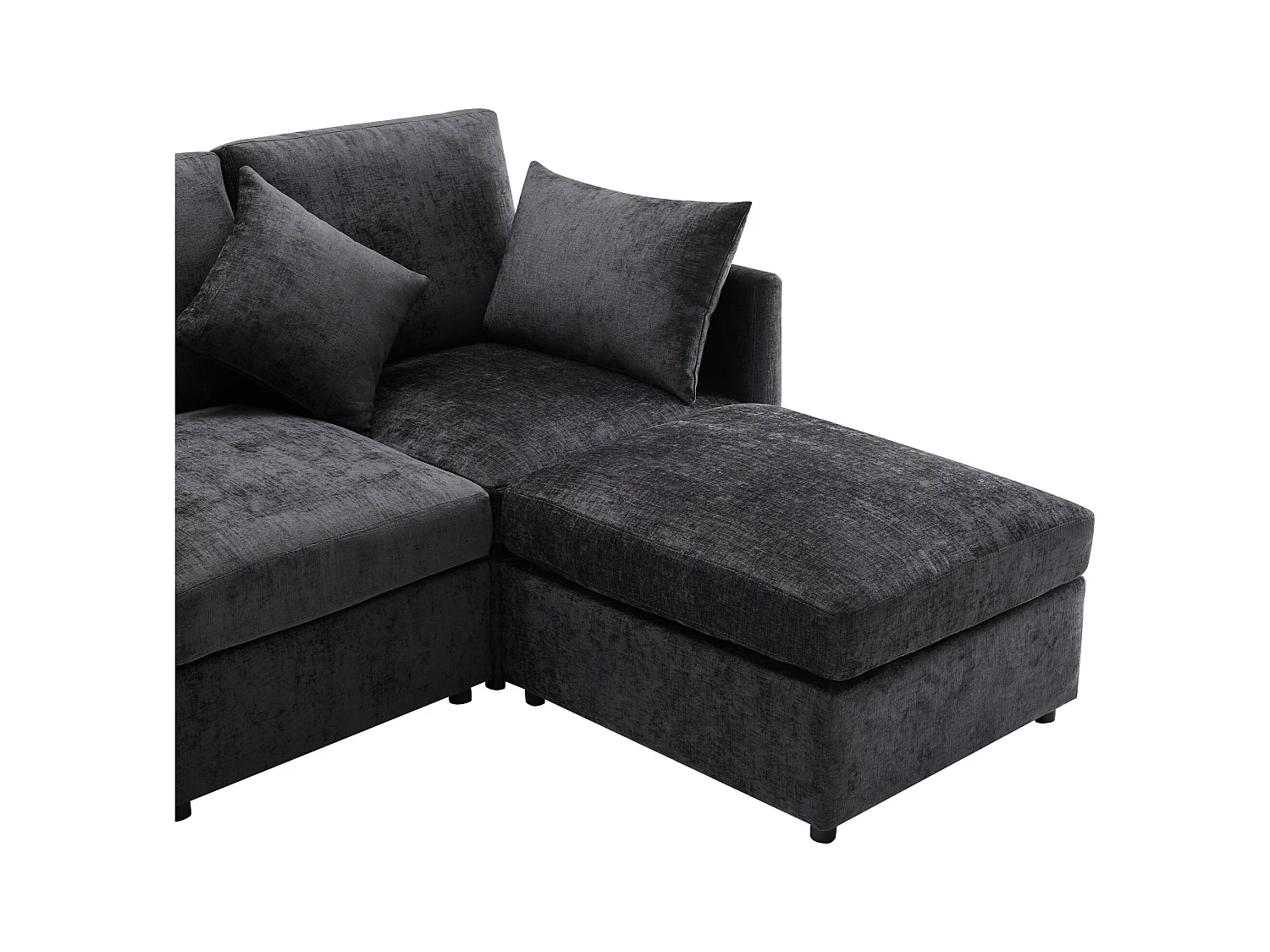 Tapicerowany narożnik – ciemnoszara tkanina szenilowa, drewniana rama, z wyjmowanym podnóżkiem, do salonu