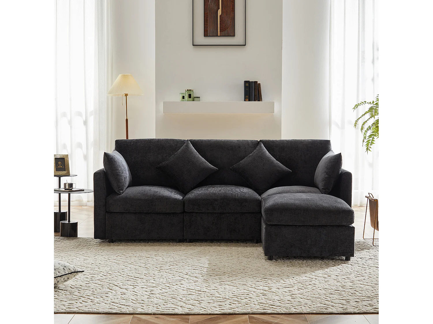 Canapé 3 places – tissu chenille gris foncé, structure bois, avec repose-pieds amovible, pour salon