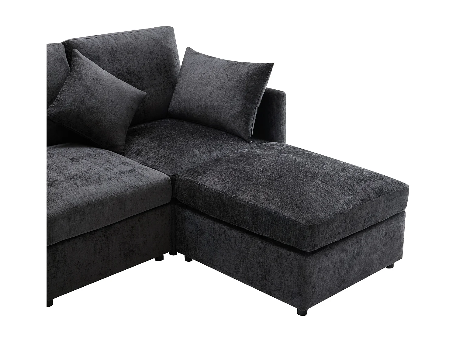 Canapé 3 places – tissu chenille gris foncé, structure bois, avec repose-pieds amovible, pour salon