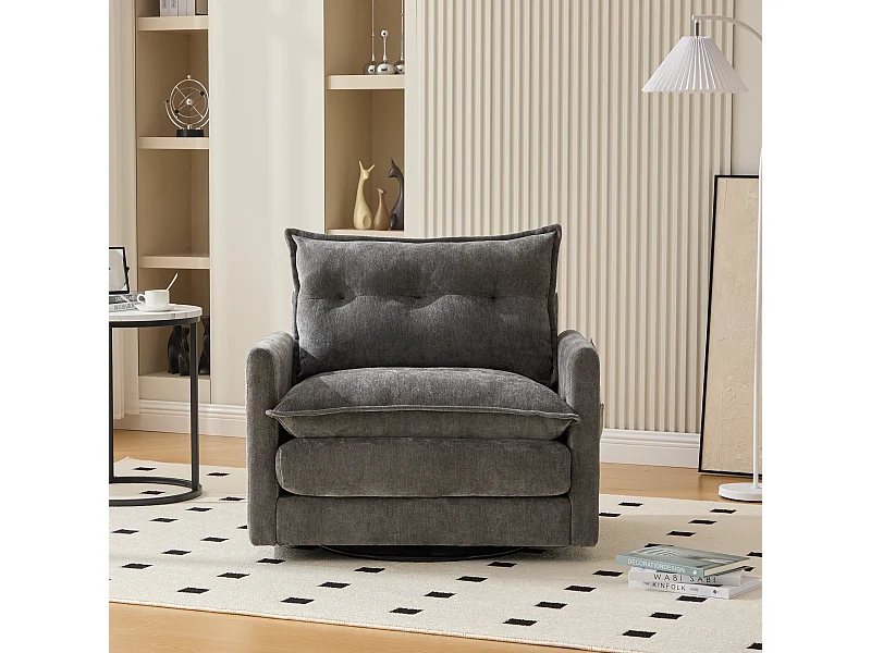 Einzelsofa, graues Chenille, Drehsofa mit Armlehnen und Kissen, geeignet für Wohn- und Schlafzimmer