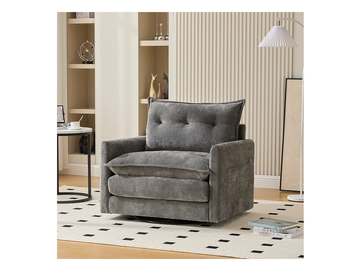 Canapé simple, chenille gris, Canapé pivotant avec accoudoirs et coussins, pour salon et chambre