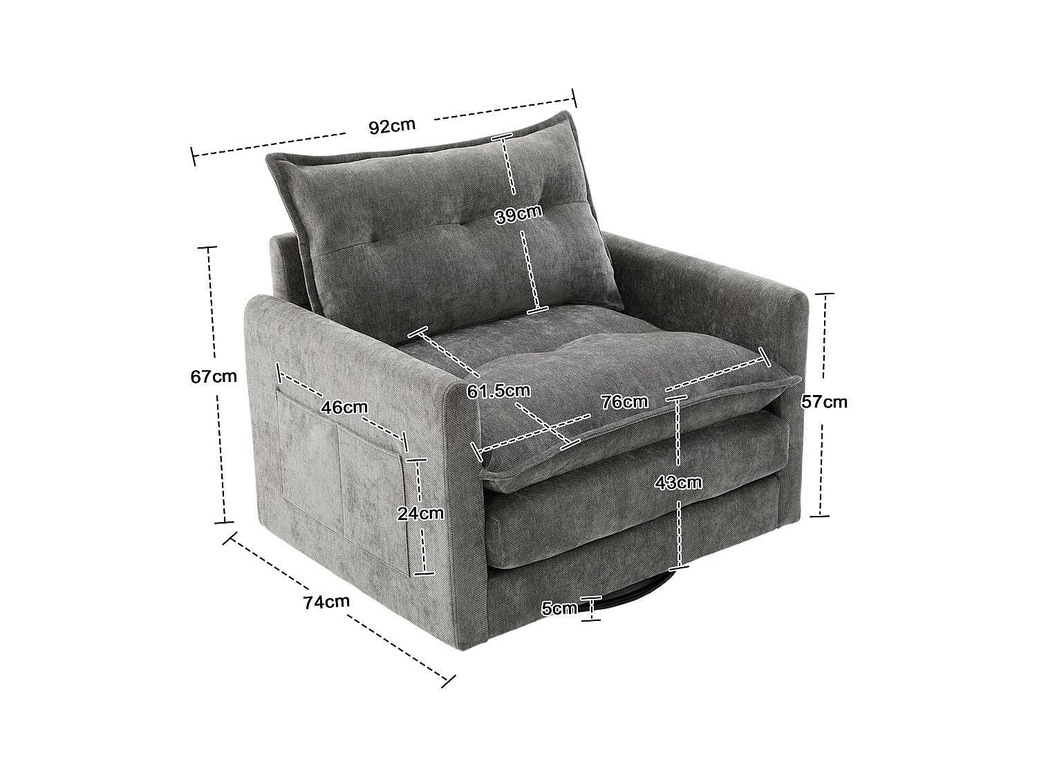 Canapé simple, chenille gris, Canapé pivotant avec accoudoirs et coussins, pour salon et chambre