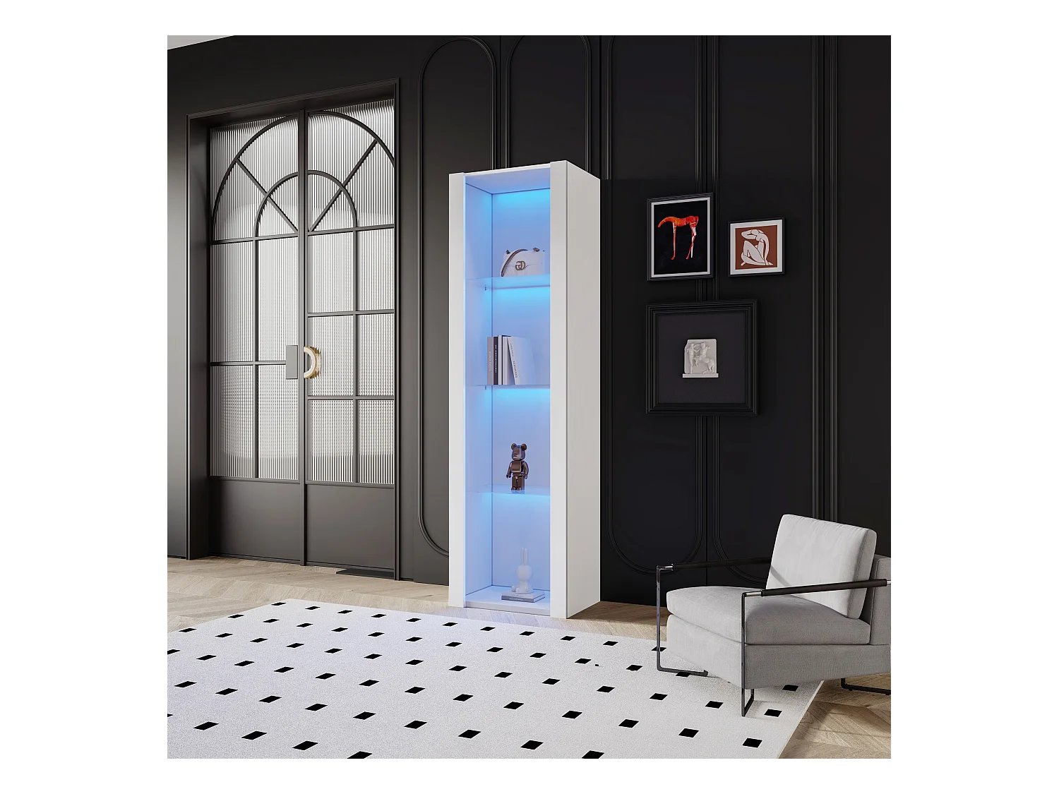 Biała gablota z oświetleniem LED, 55x38x166 cm, 3 przegrody, do salonu i biura