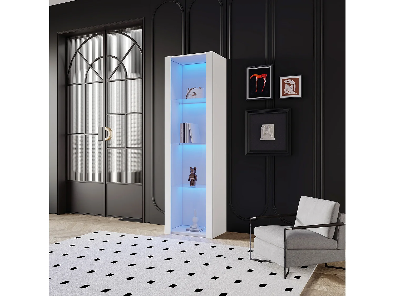 Vitrine blanche avec éclairage LED, 55x38x166 cm, 3 compartiments, pour salon et bureau
