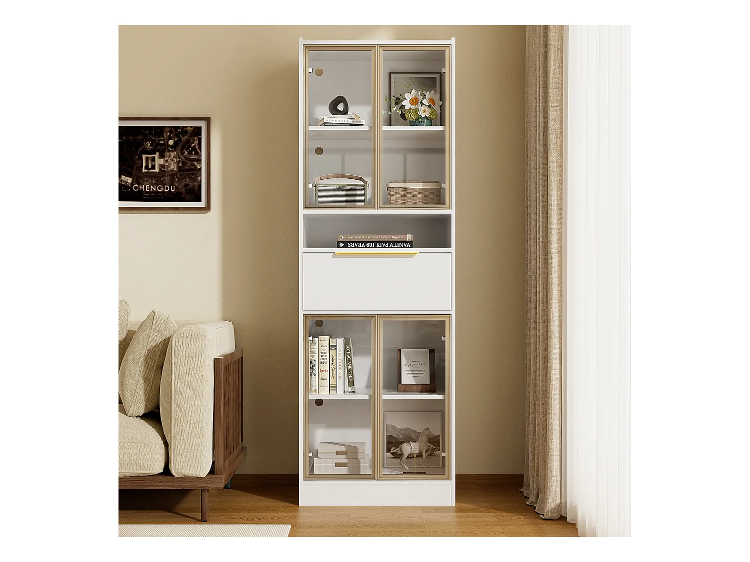 Witryna LED, biała witryna z 4 szklanymi drzwiami i szufladami, 16-kolorowe diody LED, odpowiednia do salonu i sypialni