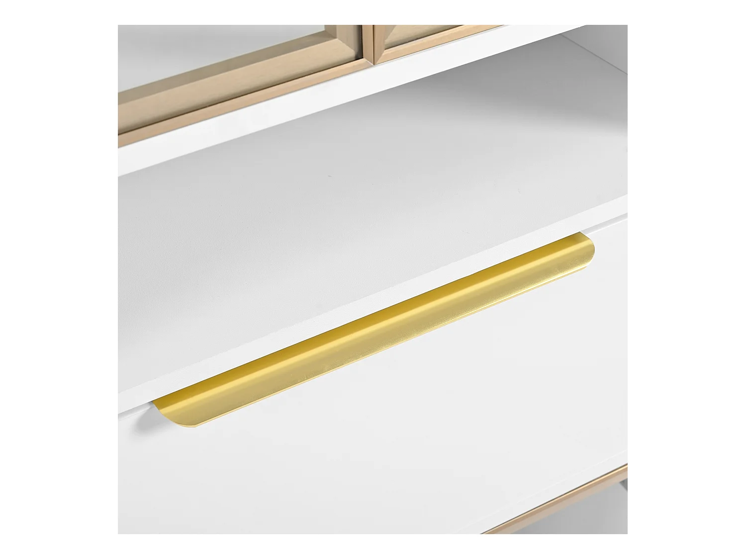 Witryna LED, biała witryna z 4 szklanymi drzwiami i szufladami, 16-kolorowe diody LED, odpowiednia do salonu i sypialni