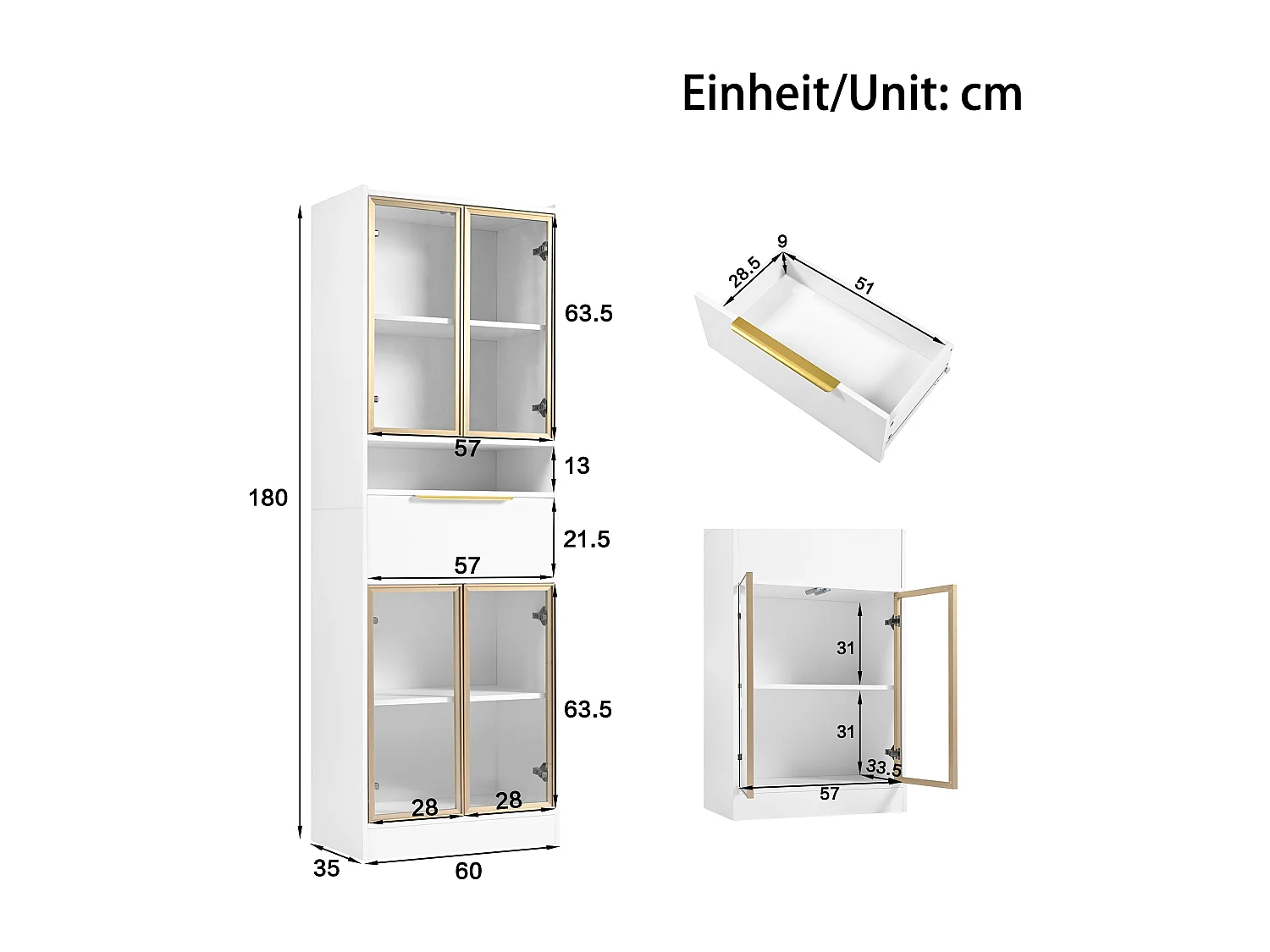Vitrine LED moderne, vitrine blanche avec 4 portes vitrées et tiroirs,  LED 16 couleurs, pour salon et chambre