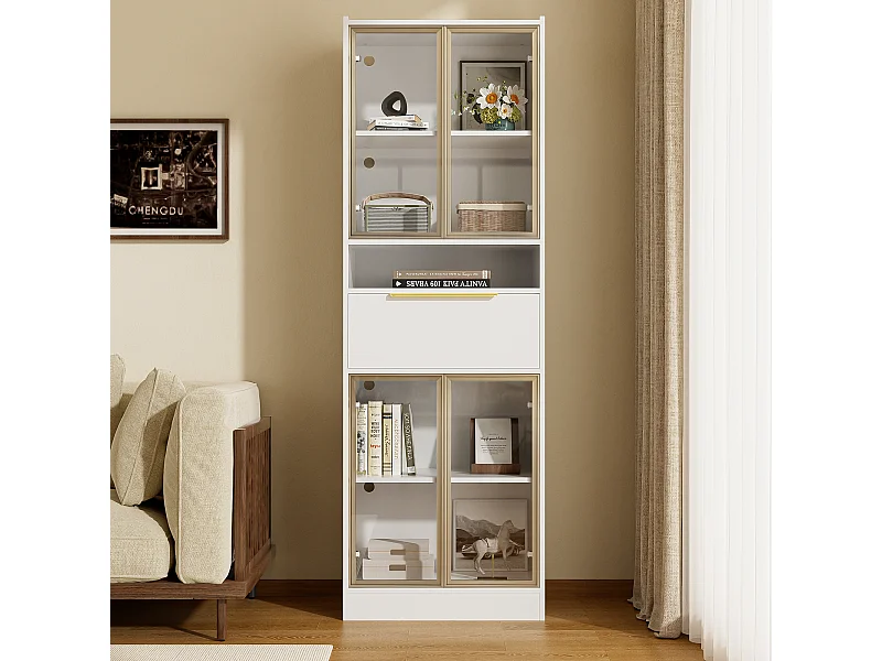 Vitrine LED moderne, vitrine blanche avec 4 portes vitrées et tiroirs,  LED 16 couleurs, pour salon et chambre