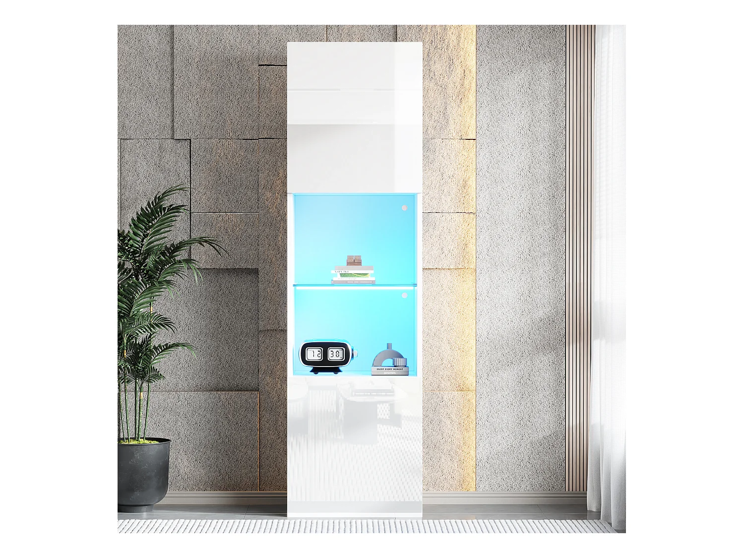 Vitrine blanche avec éclairage LED, 45x35x160 cm, 1 étagère et 2 portes, pour salons et bureaux