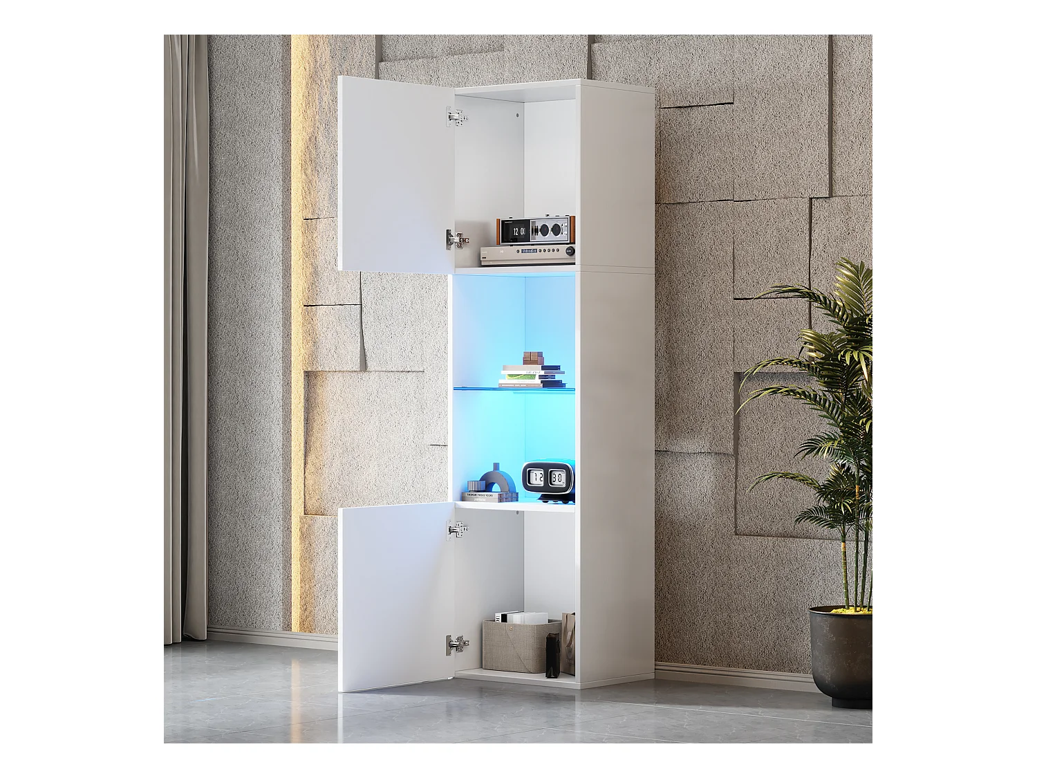 Vitrine blanche avec éclairage LED, 45x35x160 cm, 1 étagère et 2 portes, pour salons et bureaux