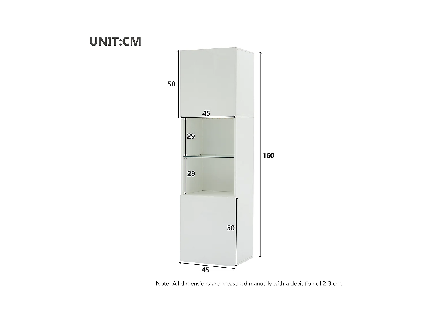 Vitrine blanche avec éclairage LED, 45x35x160 cm, 1 étagère et 2 portes, pour salons et bureaux