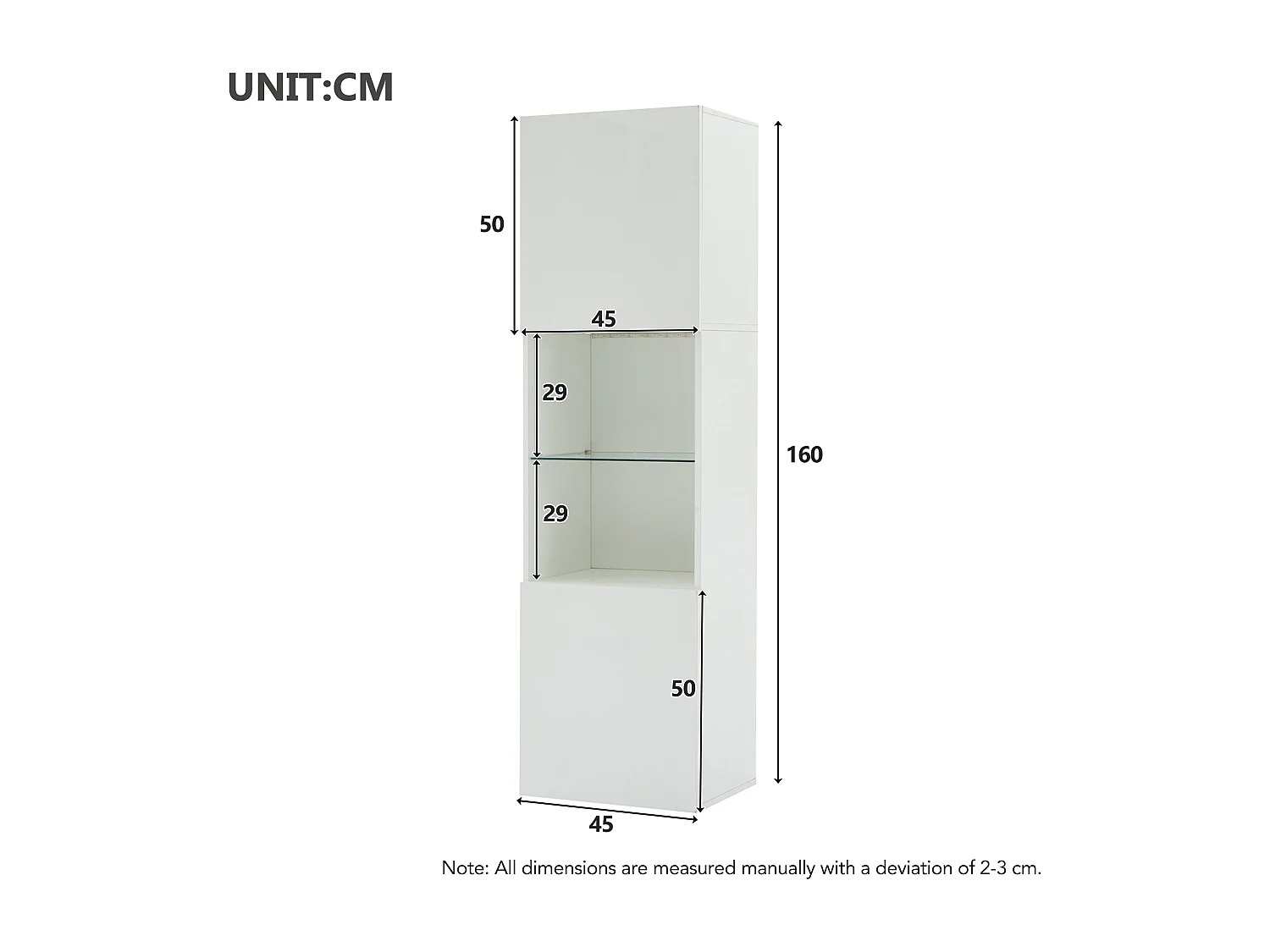 Vitrine blanche avec éclairage LED, 45x35x160 cm, 1 étagère et 2 portes, pour salons et bureaux