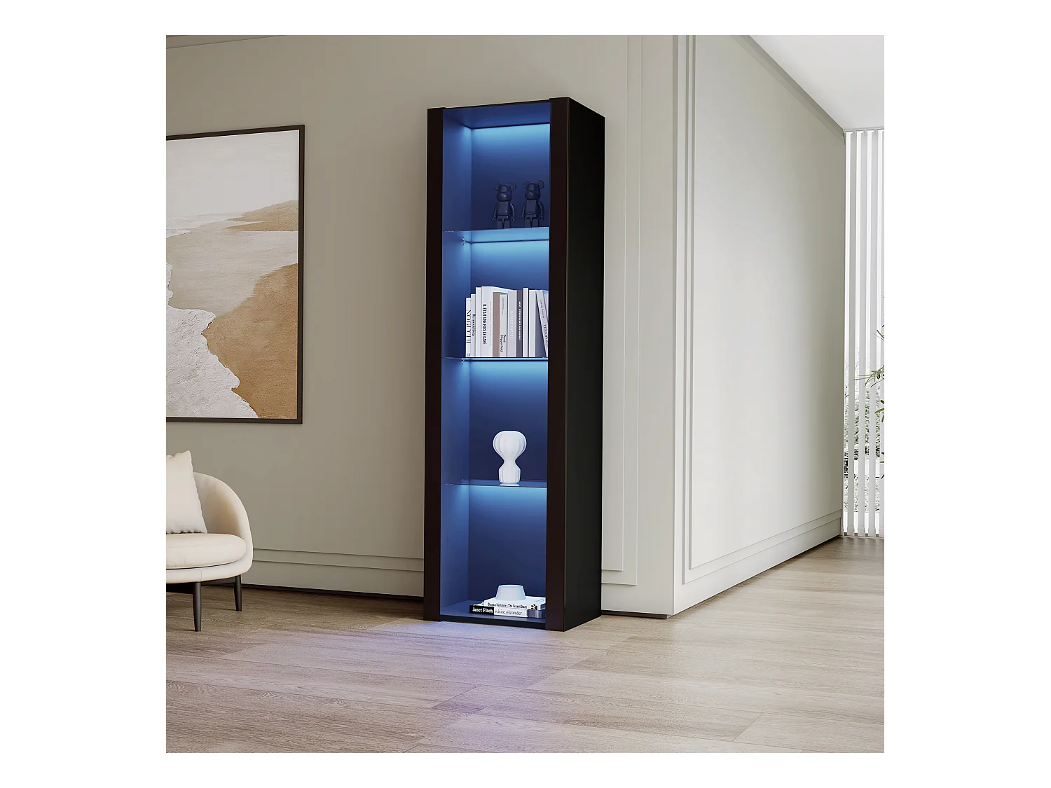Czarna gablota z oświetleniem LED, 55x38x166 cm, 3 przegrody, do salonu i biura