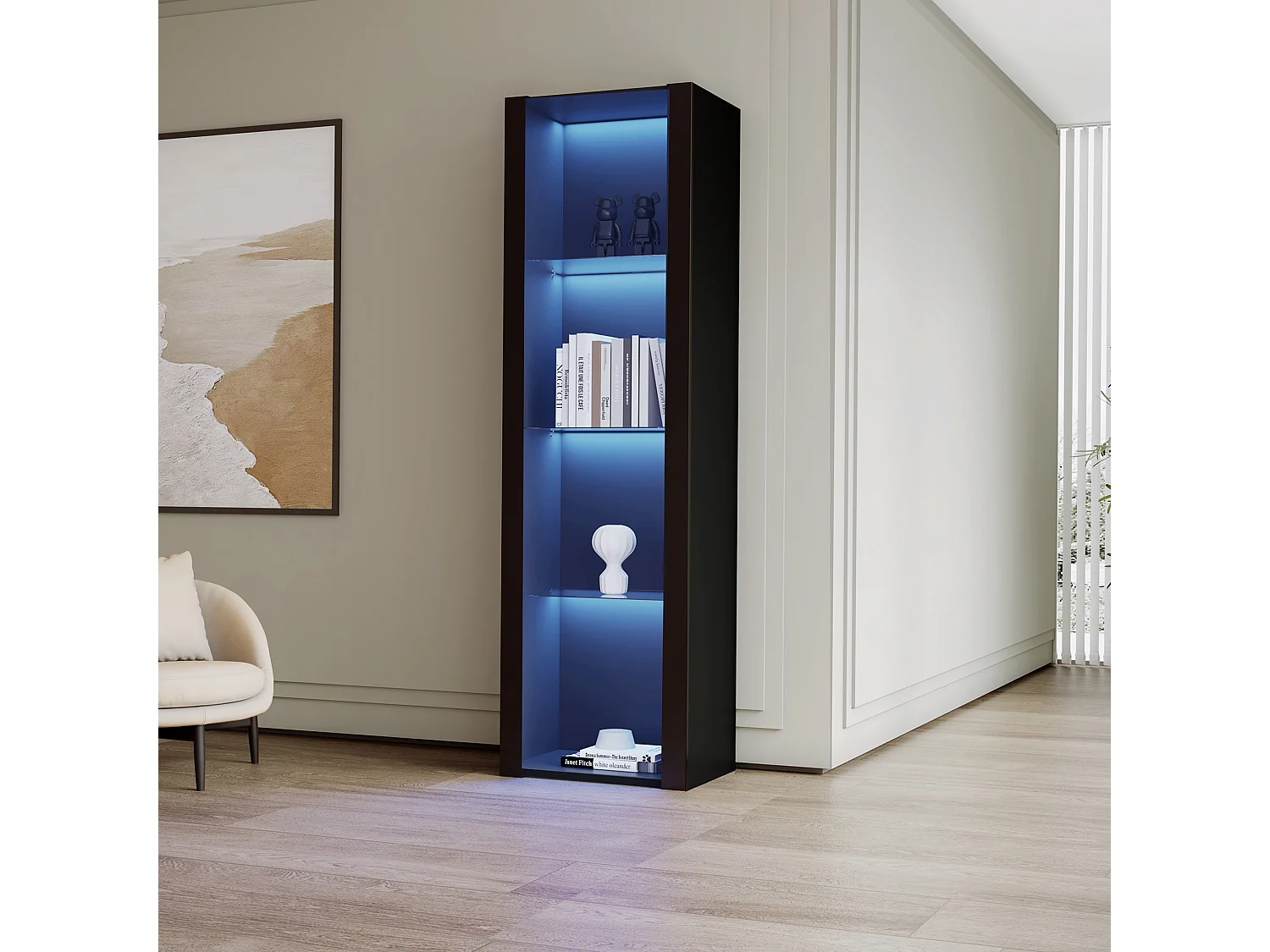 Vetrina nera con illuminazione a LED, 55x38x166 cm, 3 scomparti, per soggiorno e ufficio