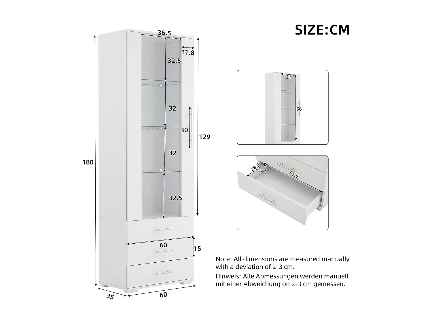 Witte vitrinekast met ledverlichting, 60x35x180 cm, 3 lades, moderne stijl, voor woonkamer en kantoor