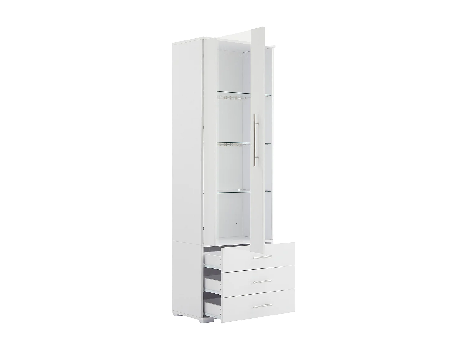 Witte vitrinekast met ledverlichting, 60x35x180 cm, 3 lades, moderne stijl, voor woonkamer en kantoor