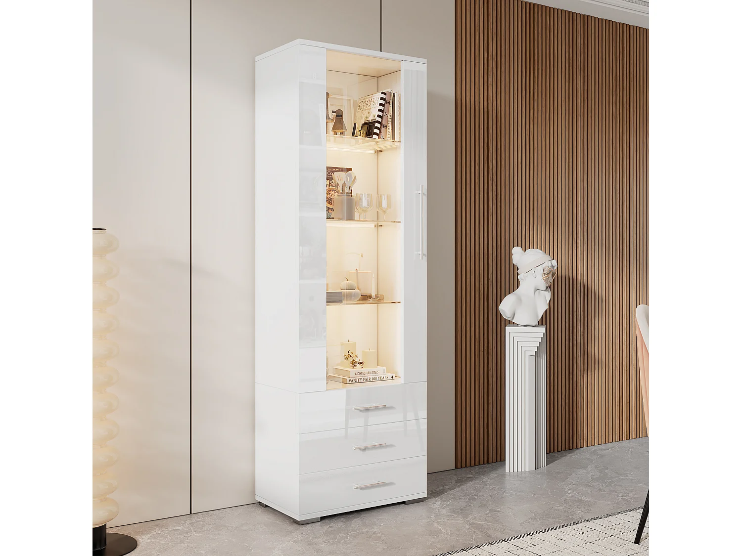 Vitrine blanche avec éclairage LED, 60x35x180 cm, 3 tiroirs, style moderne, pour salon et bureau