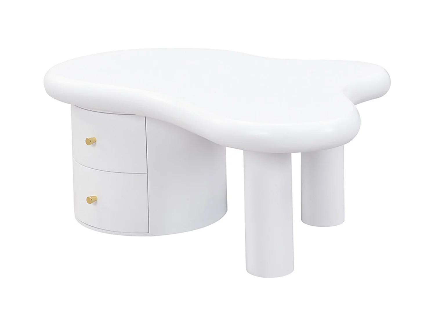Unregelmäßig geformter Couchtisch, weiß, mit 2 Schubladen, für Wohnzimmer und Büro