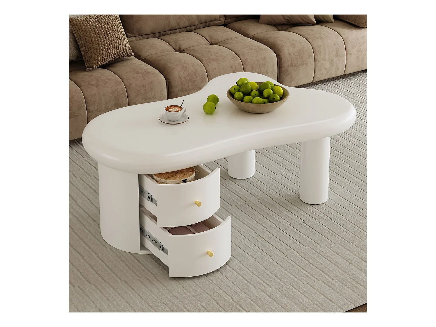 Table basse de forme irrégulière, Table basse blanche avec 2 tiroirs de rangement, pour salon et bureau
