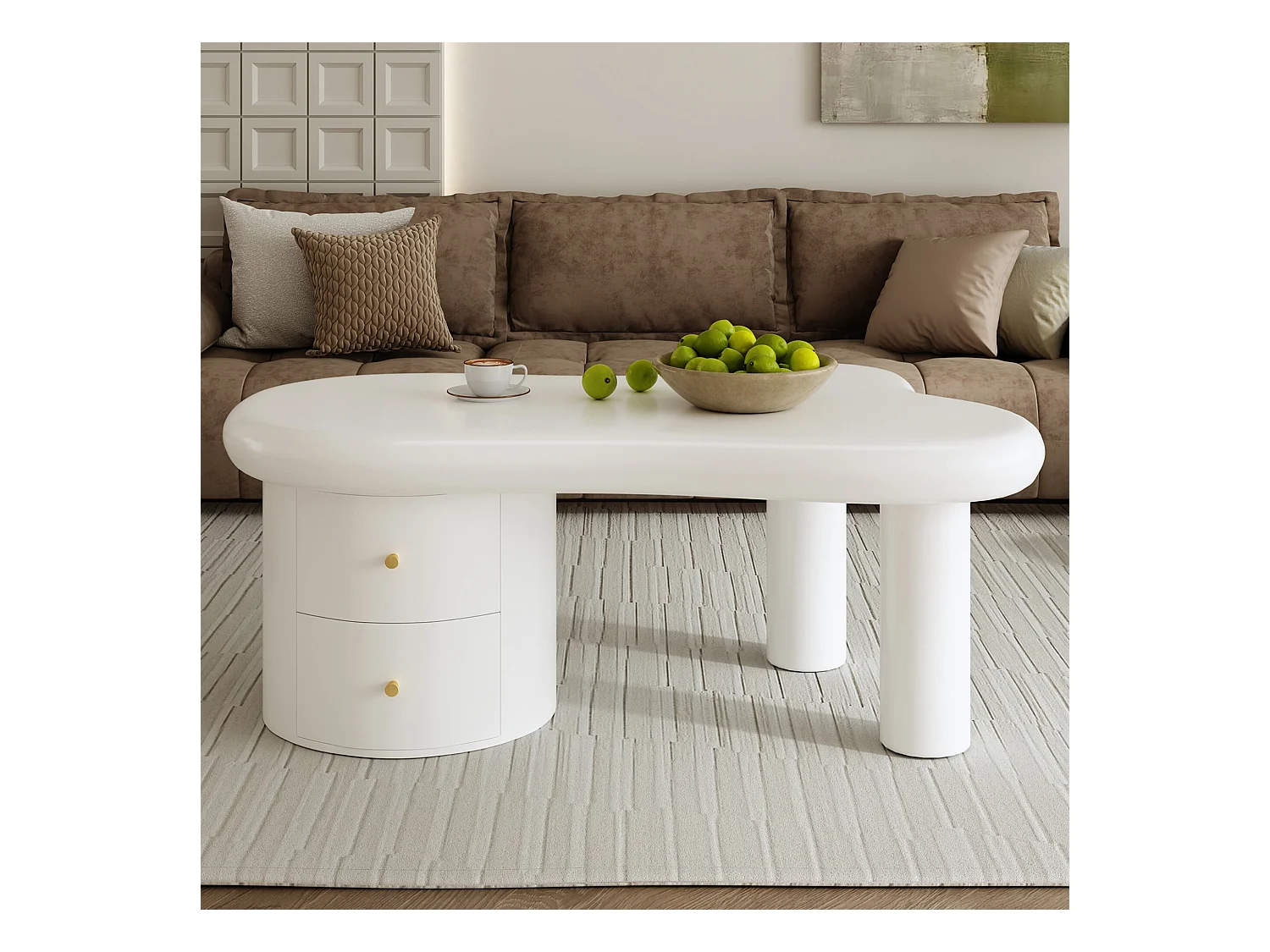 Table basse de forme irrégulière, Table basse blanche avec 2 tiroirs de rangement, pour salon et bureau