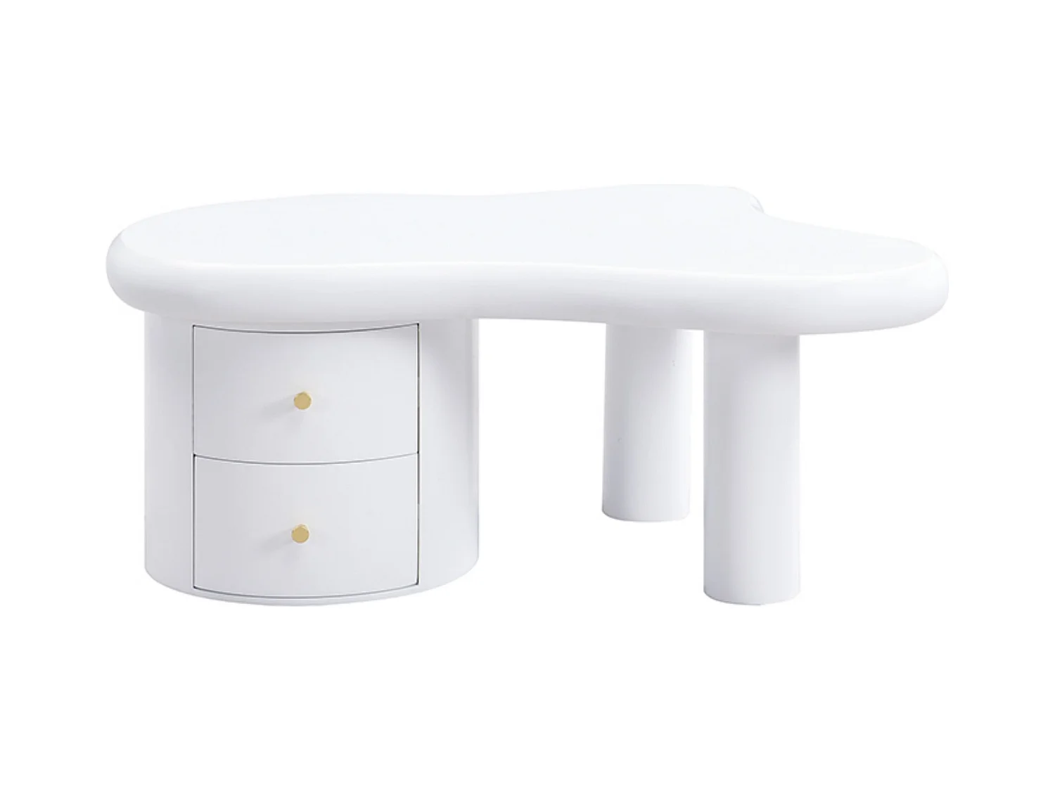 Table basse de forme irrégulière, Table basse blanche avec 2 tiroirs de rangement, pour salon et bureau