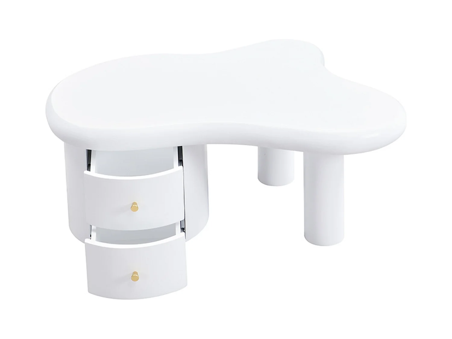 Table basse de forme irrégulière, Table basse blanche avec 2 tiroirs de rangement, pour salon et bureau