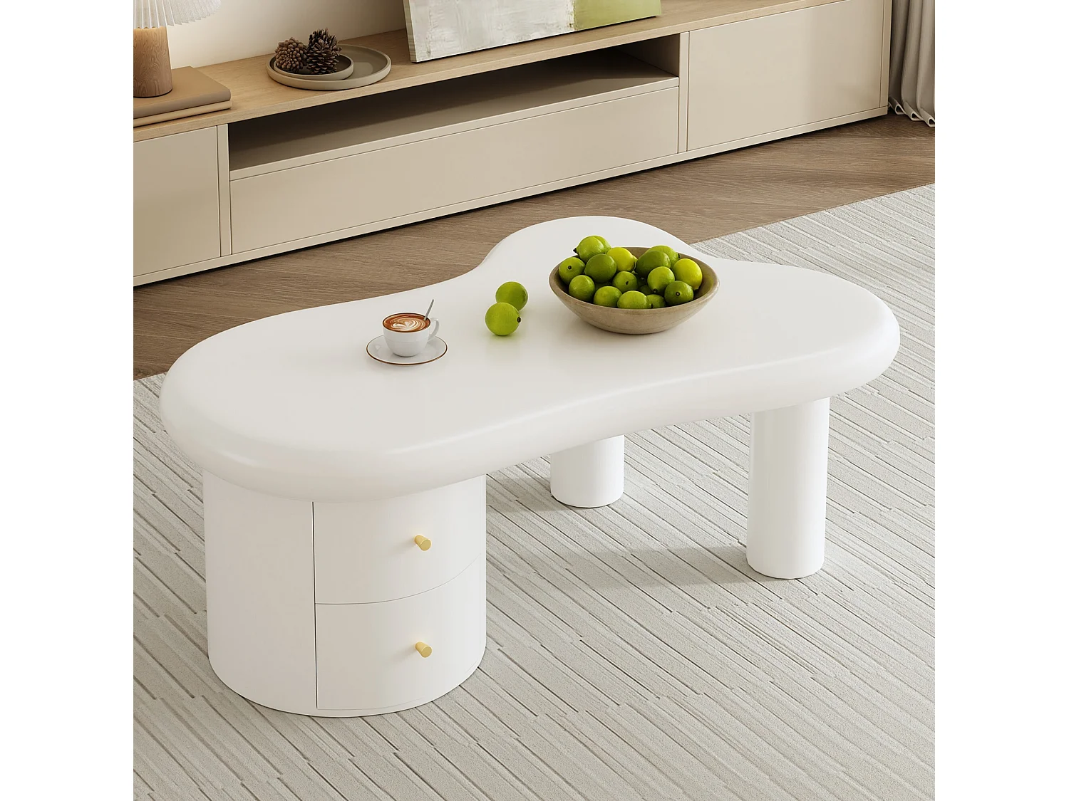 Table basse de forme irrégulière, Table basse blanche avec 2 tiroirs de rangement, pour salon et bureau