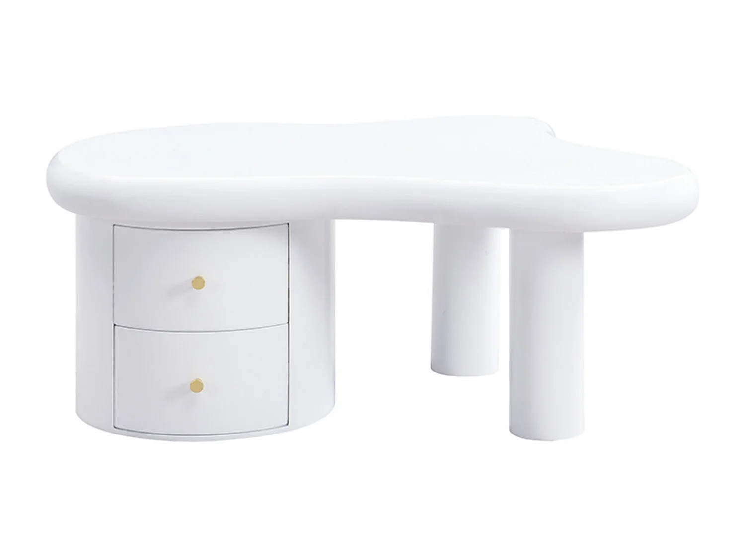 Table basse de forme irrégulière, Table basse blanche avec 2 tiroirs de rangement, pour salon et bureau