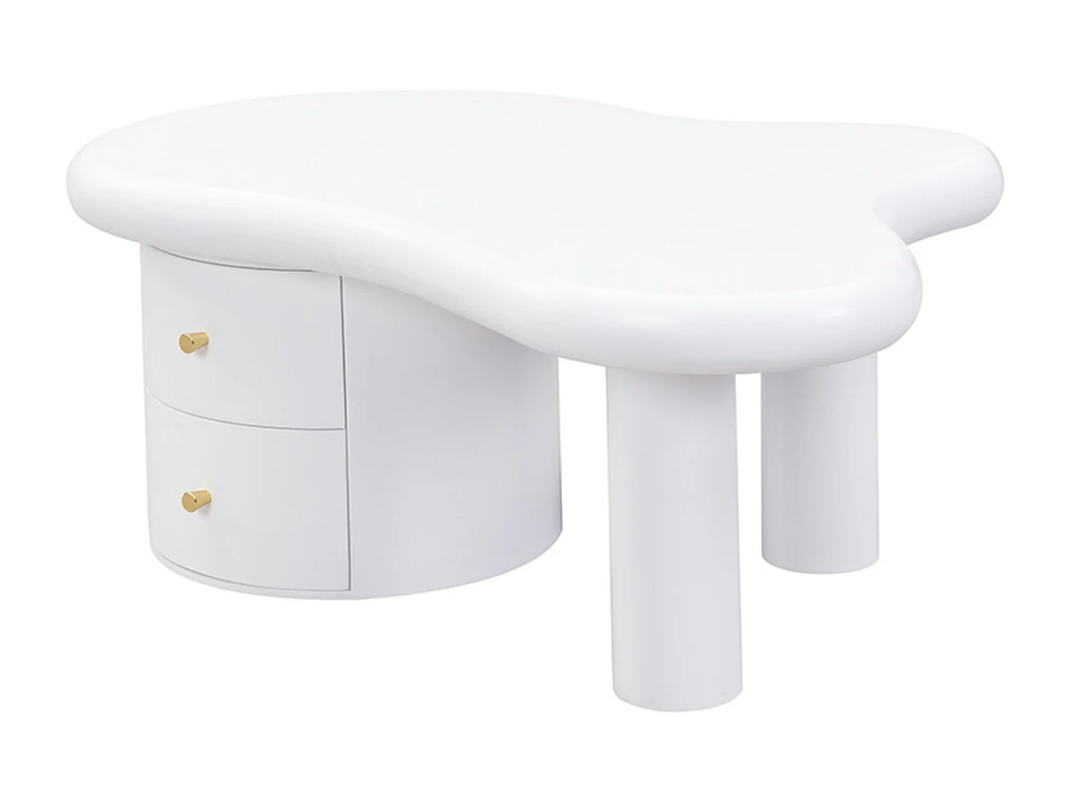 Table basse de forme irrégulière, Table basse blanche avec 2 tiroirs de rangement, pour salon et bureau